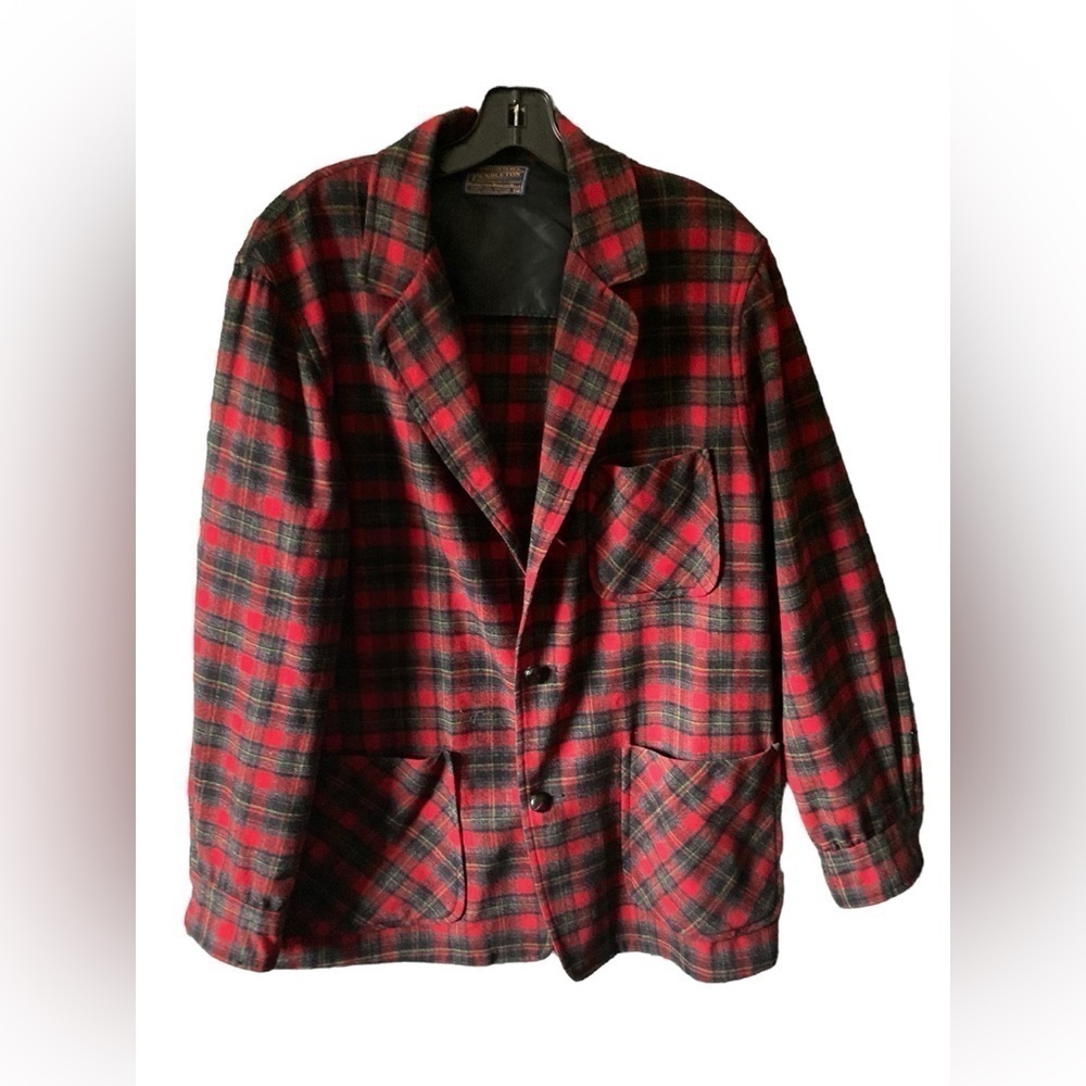 VTG Pendleton Sport Unlined Wool Jacket Red Gray Plaid Leather Buttons Mens L